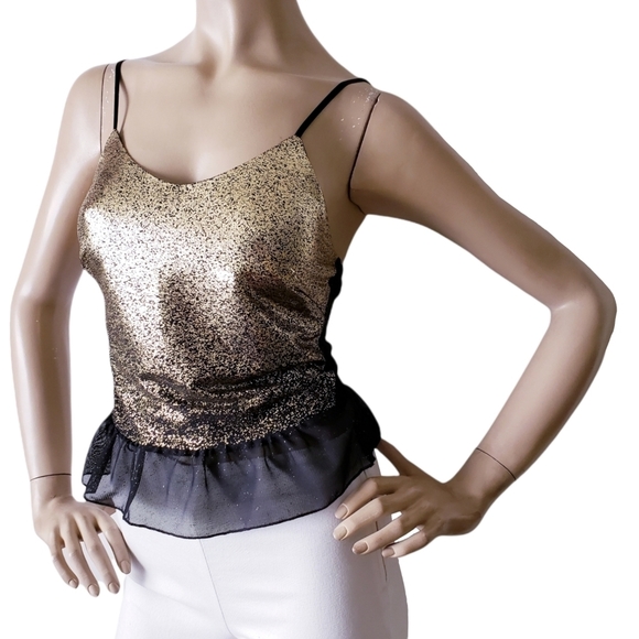 Metallic Gold Speckled Blouse With Ruffle Sheer Hem & Back by Route 3 Size Small - Picture 3 of 8